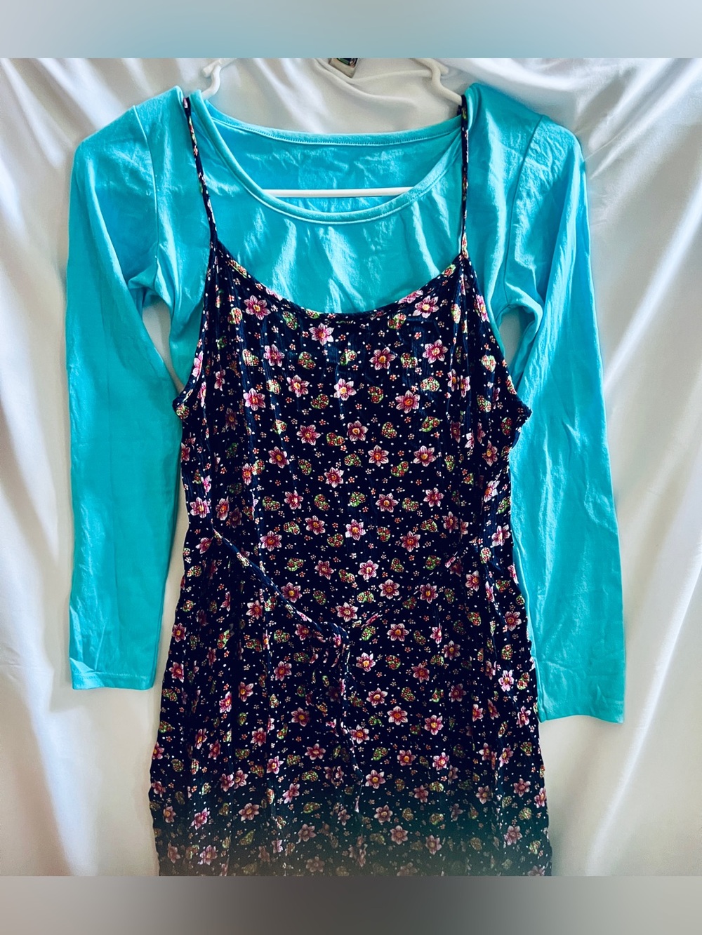 Floral Spaghetti Strap Maxi Dress & Turquoise Long Sleeve Bodysuit Bundle Set